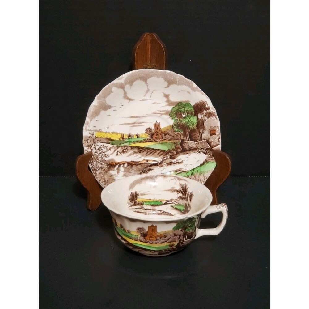 Alfred Meakin Pastoral Teacup Saucer Set Hand Engraved Brown Transferware Vtg